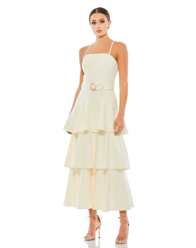 Midi dresses with a chic, minimalist look-Belted Tiered Ruffle Sleeveless Midi Dress