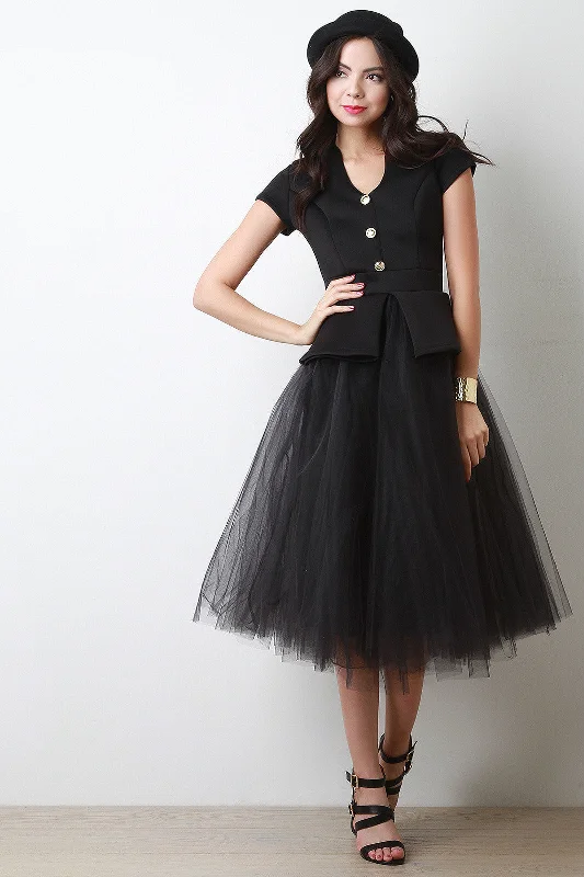 Stylish midi dresses for art gallery events-Peplum Top Contrast Tulle Skirt Midi Dress