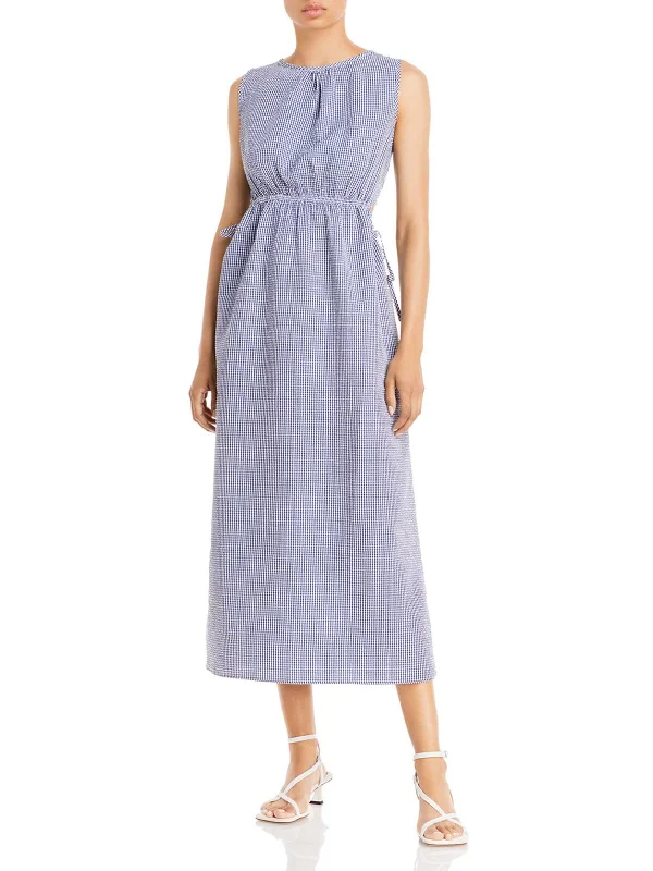 Midi dresses for beach holidays-Womens Gingham Keyhole Midi Dress