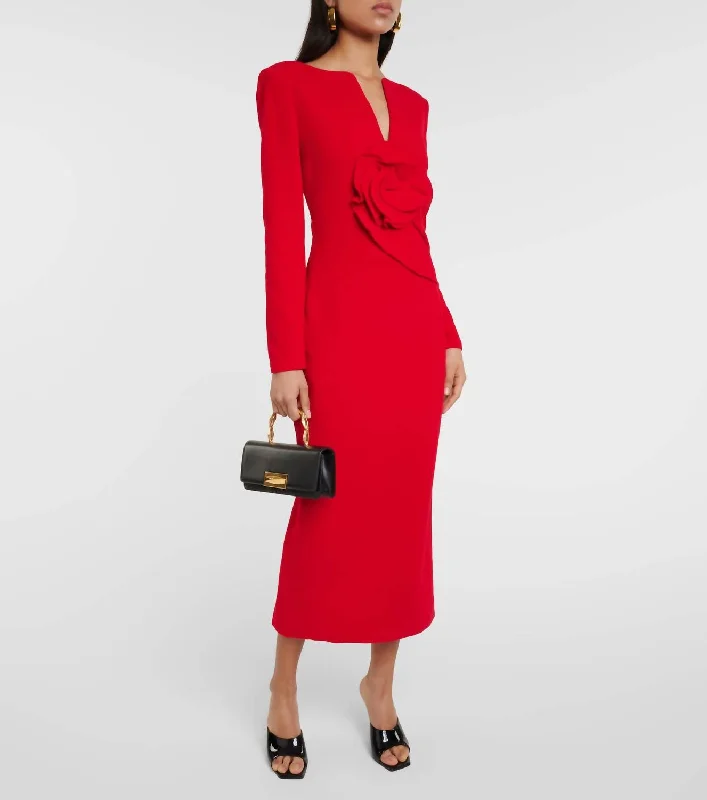 Stylish midi dresses with asymmetrical hems-Floral Appliqué Wool Crepe Midi Dress In Red