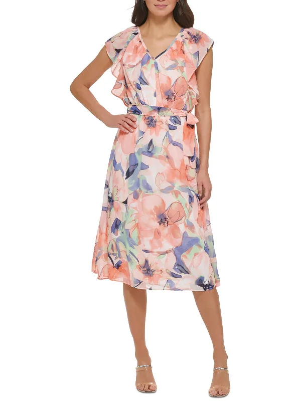 Stylish midi dresses for outdoor adventures-Womens Floral Print V Neck Midi Dress