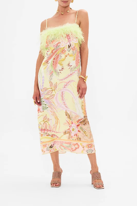 Midi dresses with an A-line fit-FEATHER SQUARE NECK MIDI DRESS COSMIC TUSCAN