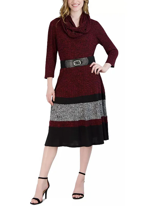 Midi dresses for casual meetups with friends-Petites Womens Belted Midi Sweaterdress