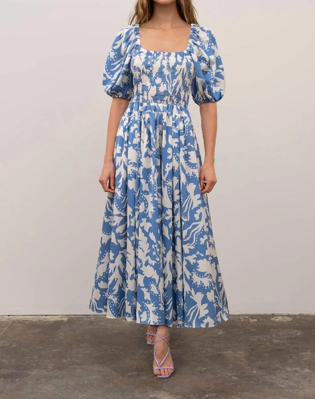 Trendy midi dresses for a weekend getaway-U Neck Puff Sleeve Smock Midi Dress In Blue White