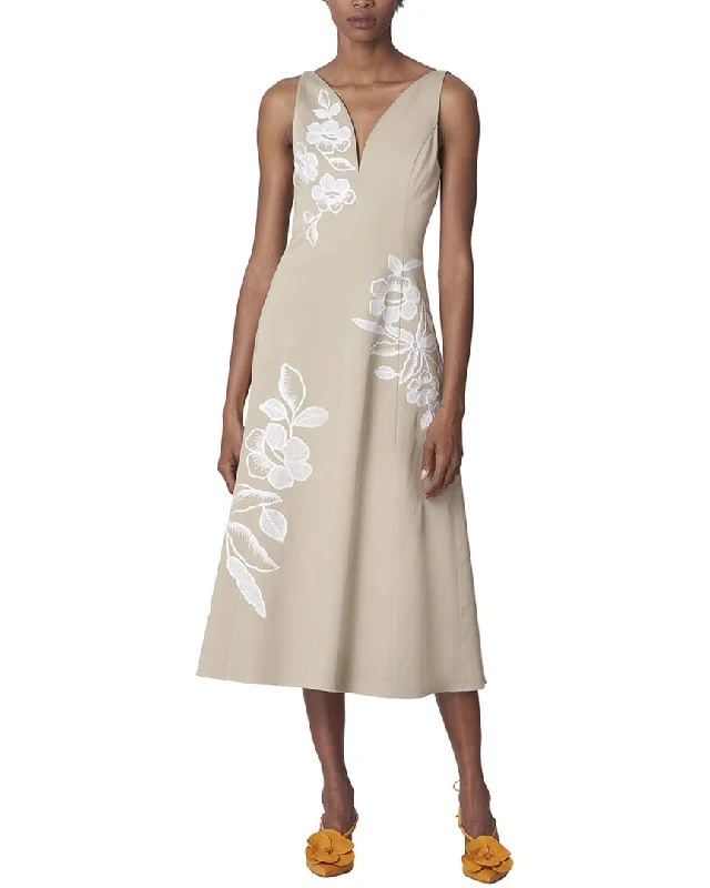 Midi dresses for professional networking-Carolina Herrera Embroidered V-Neck Midi Dress