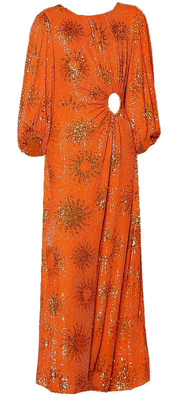 Midi dresses with a floral design for weddings-Farm Rio Women Sunny Mood Orange Sequin Long Sleeve Cut Out Midi Dress