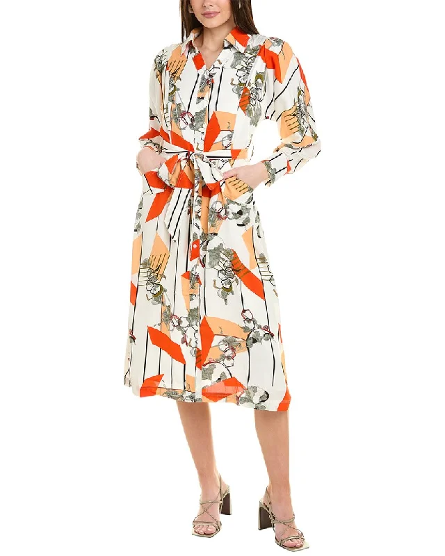 Midi dresses with luxurious fabrics-Gracia V-Collar Belted Button-Down Midi Shirtdress