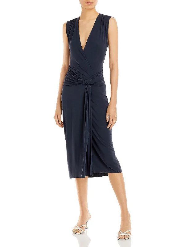 Stylish midi dresses with asymmetrical hems-Womens V-Neck Midi Wrap Dress