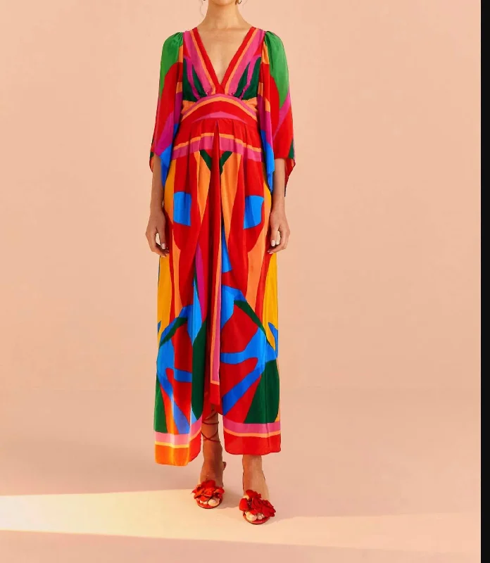 Elegant midi dresses for romantic getaways-Colorful Leaves Midi Dress In Colorful Leaves Scarf