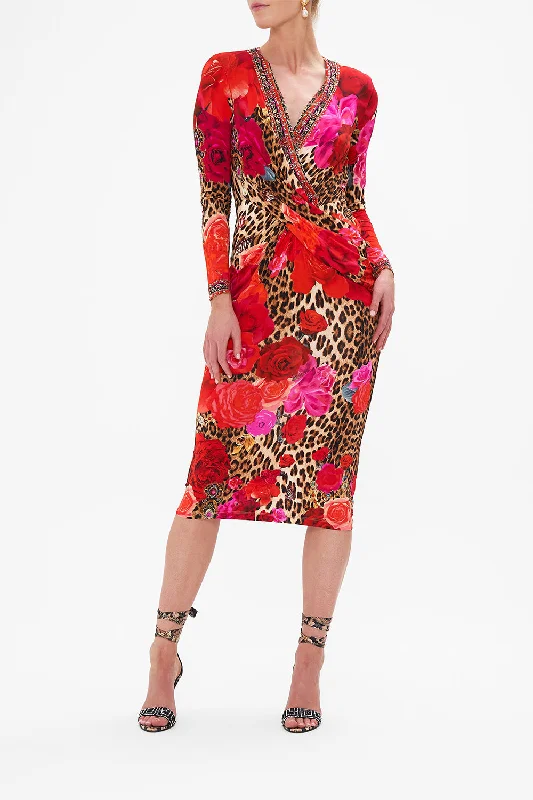 Midi dresses with bold, vibrant colors-V-NECK MIDI CROSS FRONT DRESS HEART LIKE A WILDFLOWER