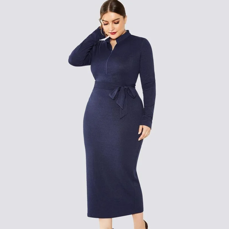 Trendy midi dresses for family picnics-Solid Long-Sleeve Tie-Waist Midi Dress