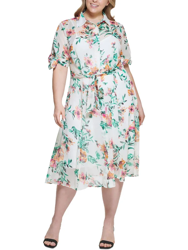 Midi dresses for afternoon tea with friends-Plus Womens Printed Midi Shirtdress