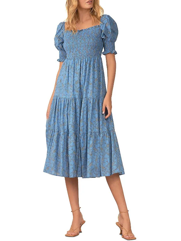 Midi dresses for cozy gatherings-Womens Smocked Calf Midi Dress