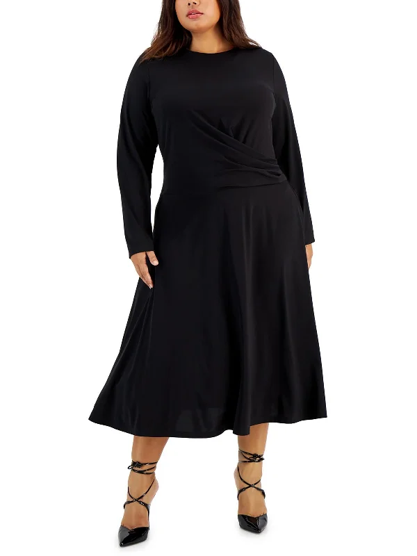 Midi dresses with unique design elements-Plus Womens Gathered A-Line Midi Dress