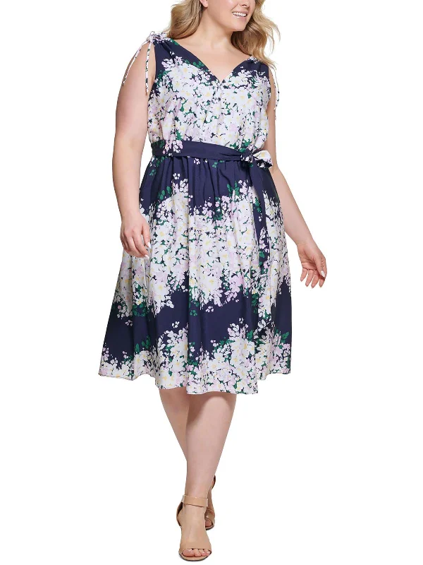 Midi dresses for a chic garden dinner-Plus Womens Floral Print Midi Fit & Flare Dress