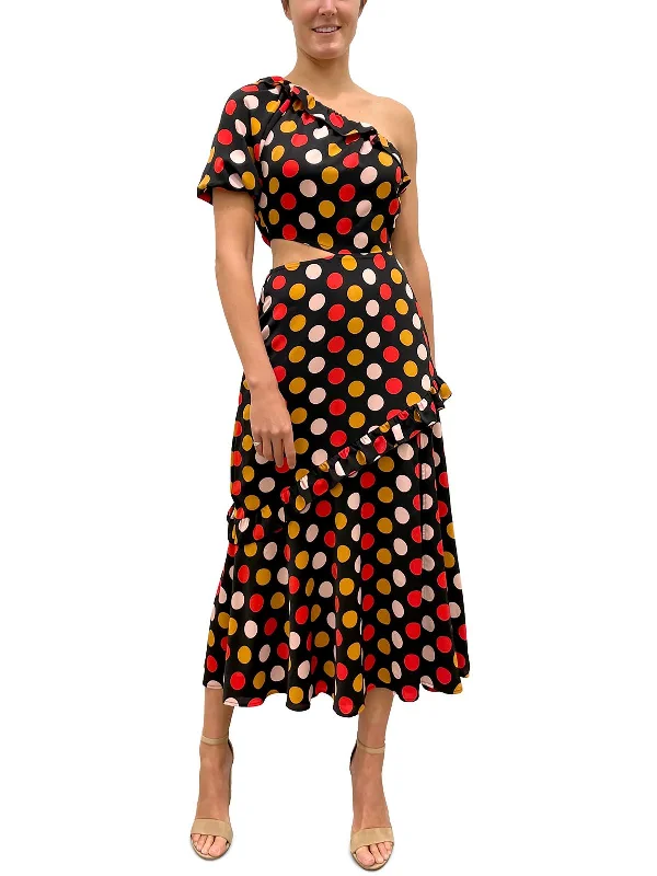 Stylish midi dresses for a night in the city-Womens Polka Dot One Shoulder Midi Dress