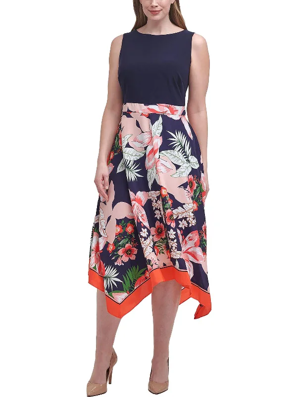 Midi dresses for family reunions-Plus Womens Floral Print Midi Fit & Flare Dress