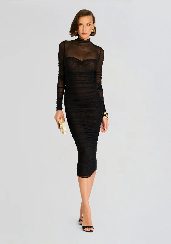 Elegant midi dresses for romantic getaways-Trina Mesh Ruched Midi Dress