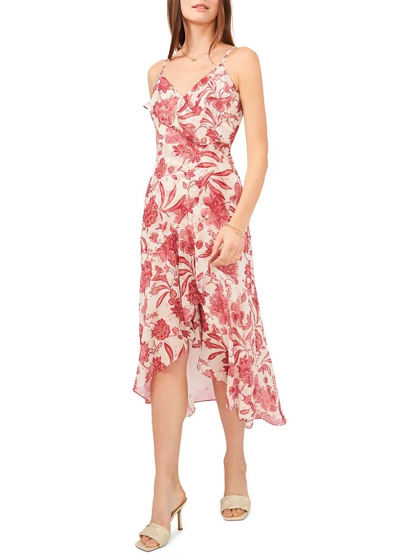 Midi dresses for family reunions-Womens Floral Wrap Midi Fit & Flare Dress