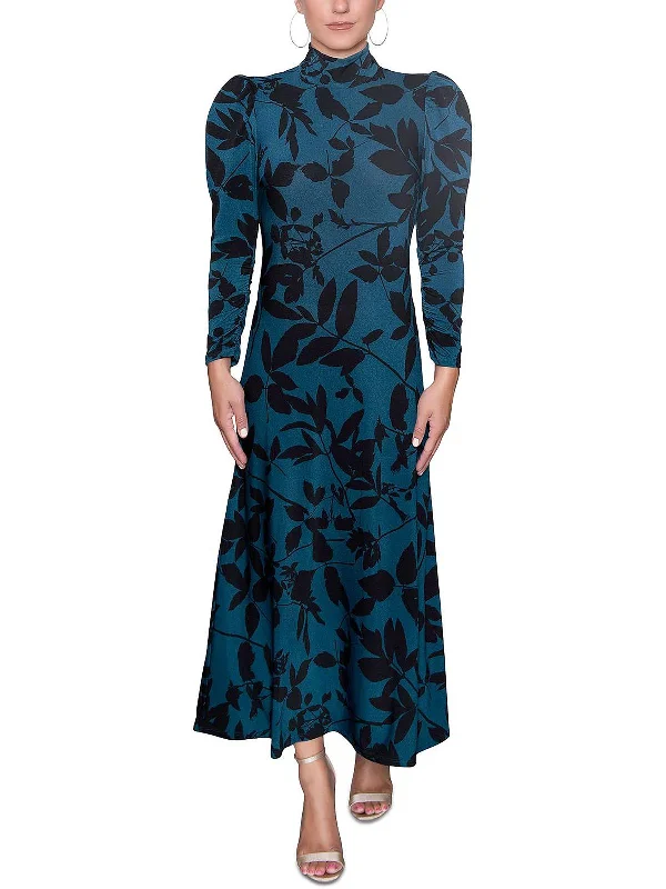 Midi dresses with dramatic sleeves-Womens Printed Puff Sleeves Midi Dress