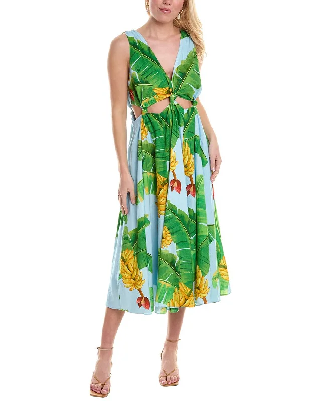 Midi dresses for business-casual occasions-FARM Rio Fresh Bananas Cutout Linen-Blend Midi Dress