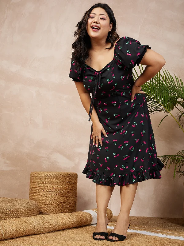 Trendy midi dresses with lace accents-Berrylush Women Plus Size Black & Red Cherry Printed Sweetheart Neck Front Tie-Up Flounce Hem A-Line Midi Dress