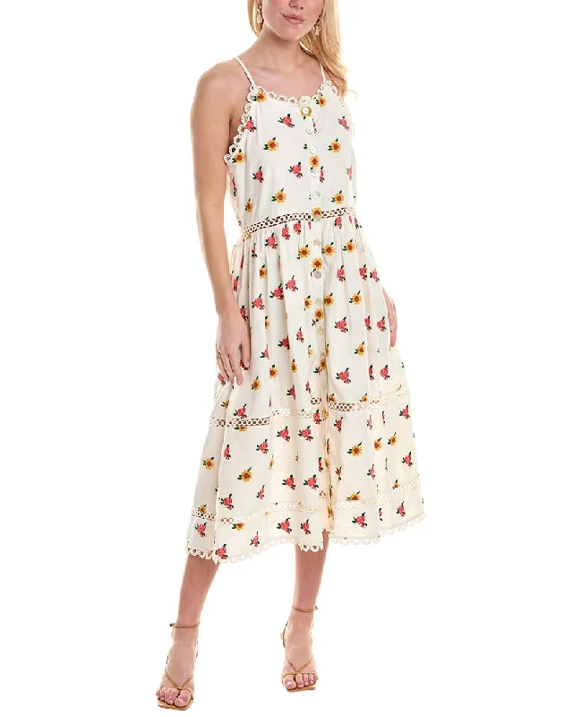 Midi dresses with luxurious fabrics-FARM Rio Embroidered Linen-Blend Midi Dress