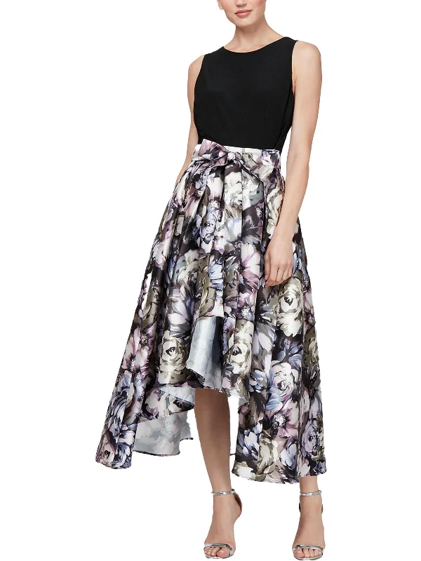 Midi dresses with empire waist-Petites Womens Floral Print Midi Evening Dress