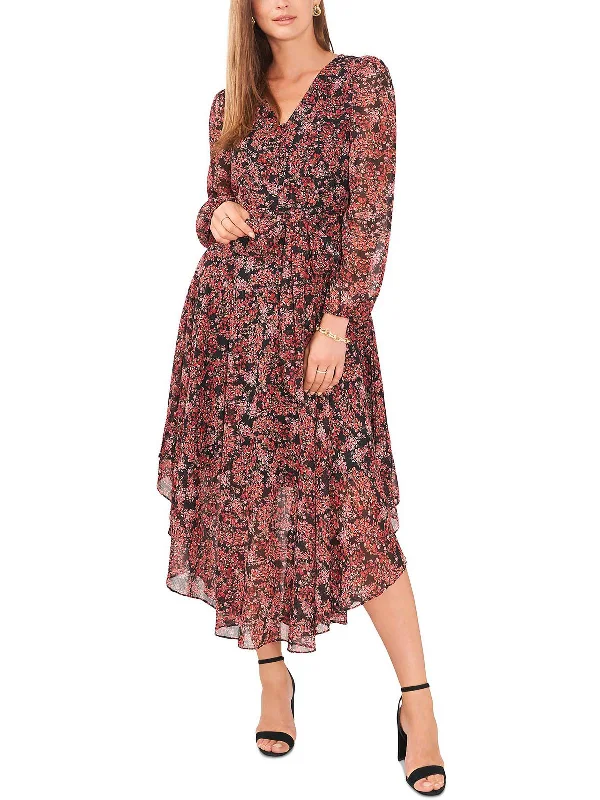 Comfortable midi dresses for movie nights-Petites Womens Shimmer Long Sleeve Midi Dress