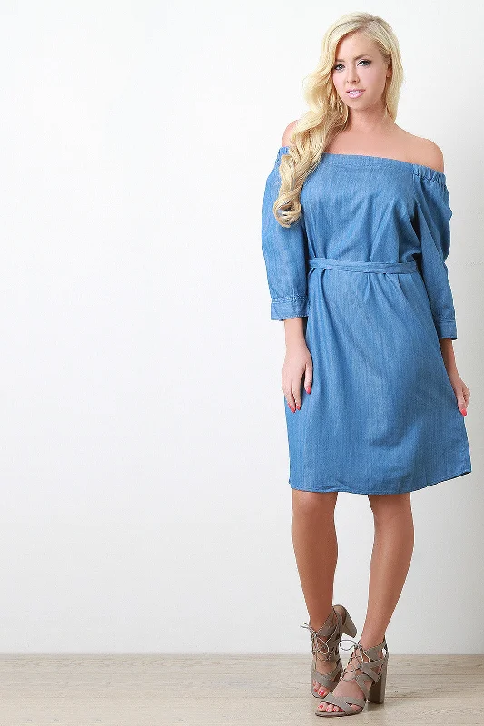 Comfortable midi dresses for walks in the park-Off The Shoulder Chambray Midi Dress