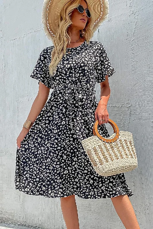 Midi dresses for a sunny weekend brunch-LEOPARD TIED WAIST FLARE MIDI DRESS