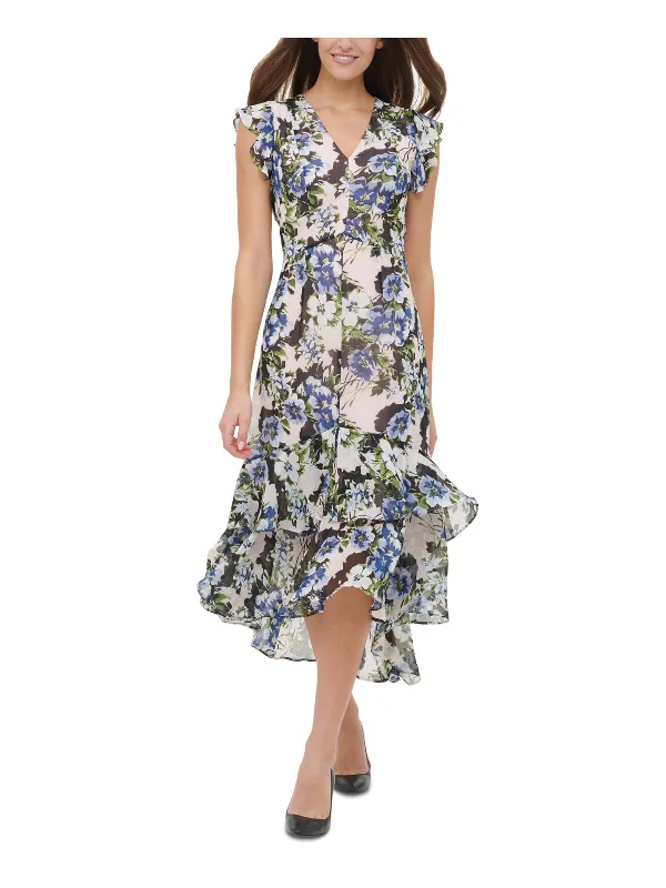 Midi dresses with a tie-back design-Womens Floral Ruffled Midi Dress