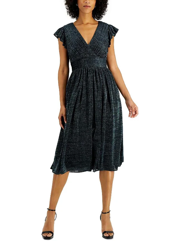 Trendy midi dresses for date nights-Womens Metallic Surplice Midi Dress