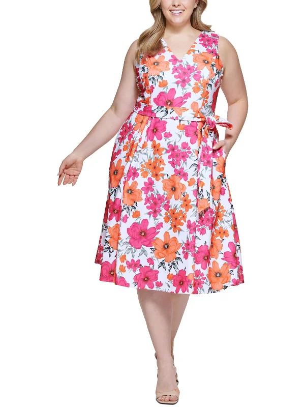 Stylish midi dresses for chic events-Plus Womens Floral Print Calf Midi Dress