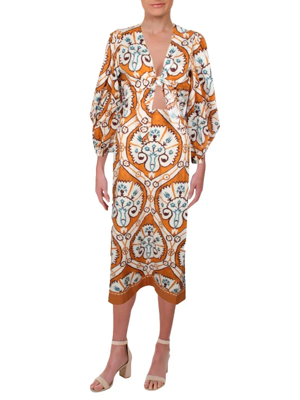 Trendy midi dresses for casual parties-Couscous Joy Womens Printed Tea Length Midi Dress