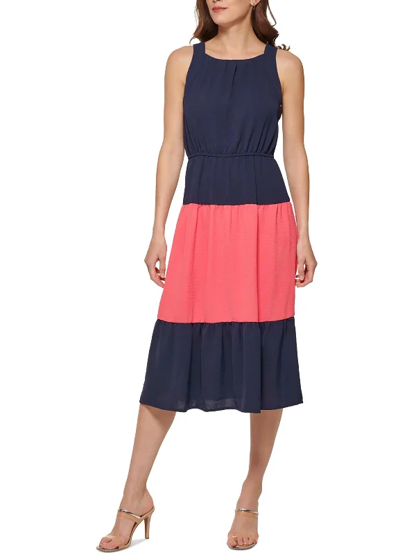 Comfortable midi dresses for lounge wear-Womens Colorblock Midi Fit & Flare Dress