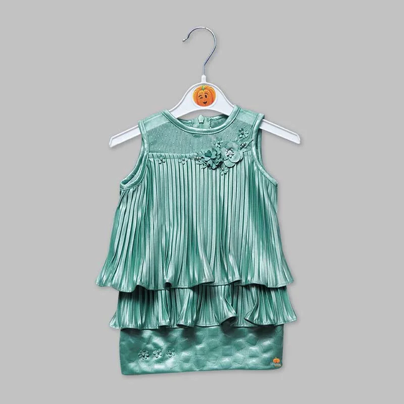 Midi dresses for dinner with family-Green Shiny Frilled Girls Midi