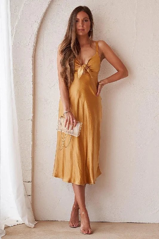 Midi dresses with pleated skirts-Gala Midi Dress - Mustard