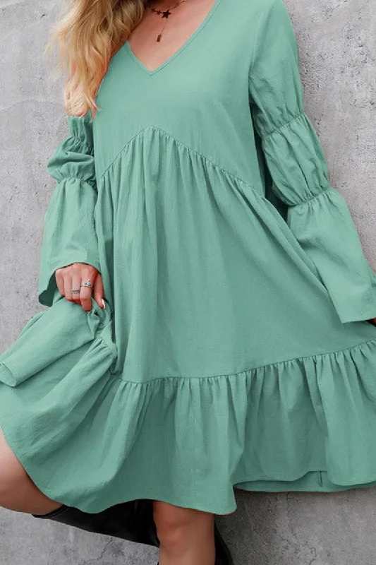 Midi dresses with bold, vibrant colors-LONG SLEEVE RUFFLED MIDI DRESS