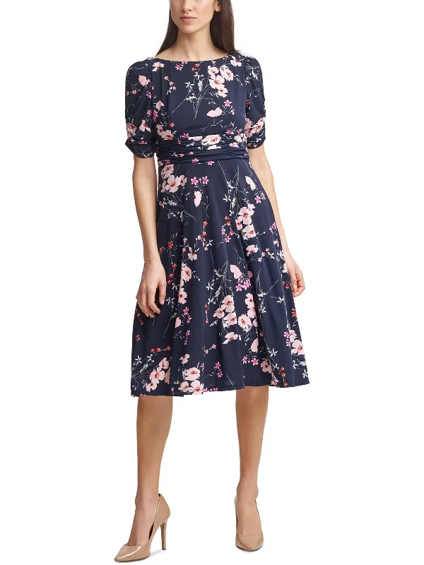 Midi dresses for a chic garden dinner-Petites Womens Ruched-Waist Calf Midi Dress