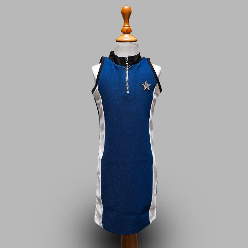 Stylish midi dresses for outdoor adventures-Blue Sleeveless Girls Midi with Shiny Star and Zip