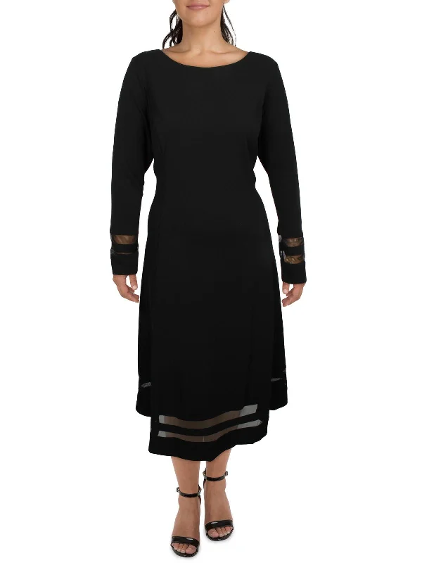 Midi dresses with crochet detailing-Plus Womens Crepe Illusion Midi Dress