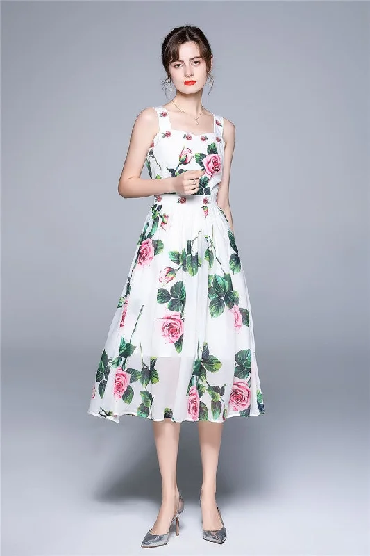 Midi dresses with modern geometric prints-White ?ocktail & Party A-line Off The Shoulder Strap Midi Floral Dress