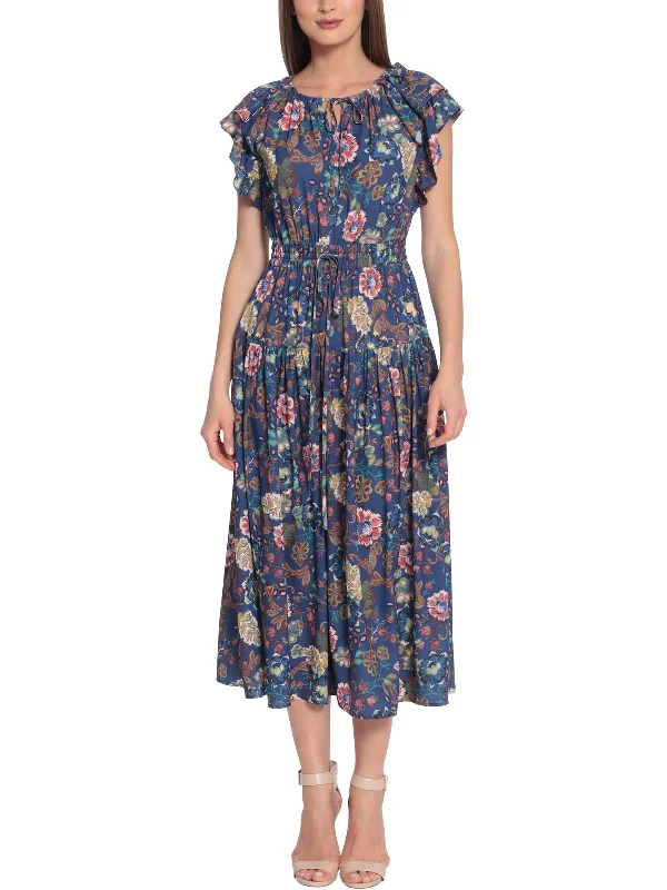 Midi dresses for brunch outings-Womens Crepe Floral Midi Dress