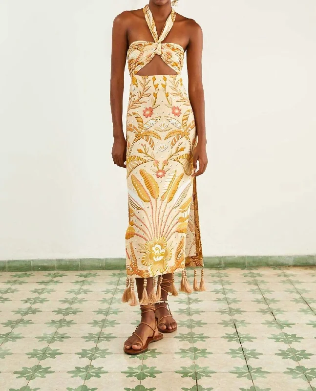 Stylish midi dresses with asymmetrical hems-Jungle Chic Sand Midi Dress