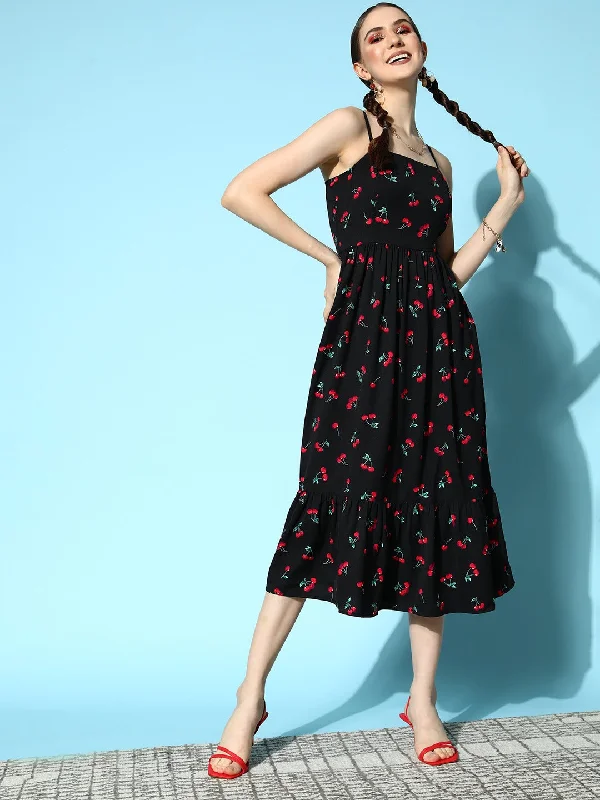 Midi dresses with graphic designs-Berrylush Women Black & Red Cherry Printed Square Neck Sleeveless Flared A-Line Midi Dress