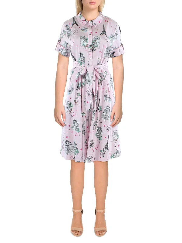 Midi dresses with statement collars-Womens Printed Midi Shirtdress