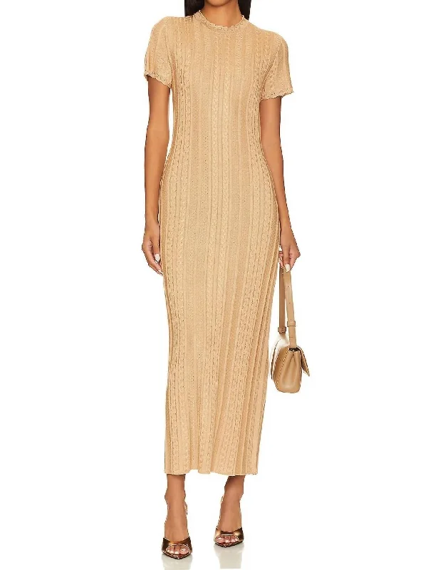 Midi dresses with scalloped edges-Valleta Midi Dress In Gold Shimmer Knit