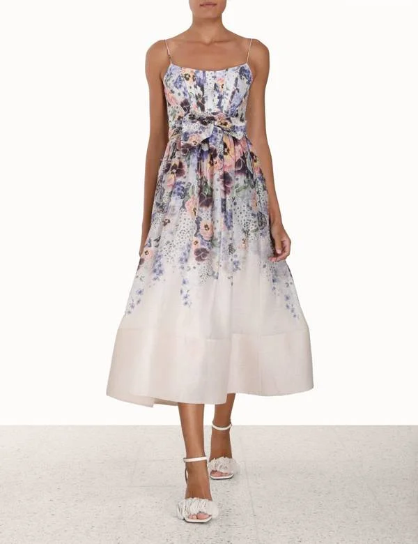 Stylish midi dresses for art gallery events-Tama Corset Midi Dress In Purple Pansy Print