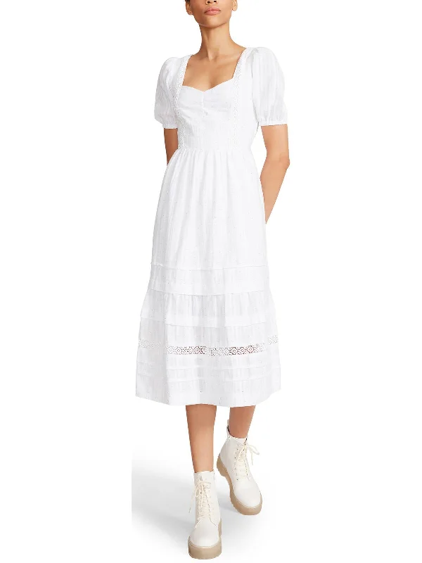 Midi dresses with tailored fits-Womens Cotton Puff Sleeves Midi Dress